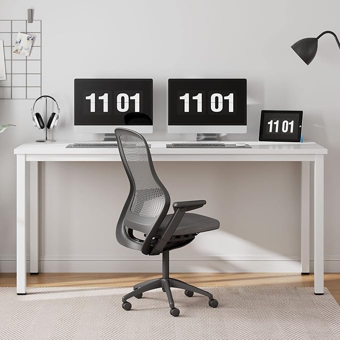 Need 63 Inch Large Computer Desk - Modern Simple Style Home Office Gaming Desk, Basic Writing Table for Study Student, Large Legroom, White Metal Frame, White