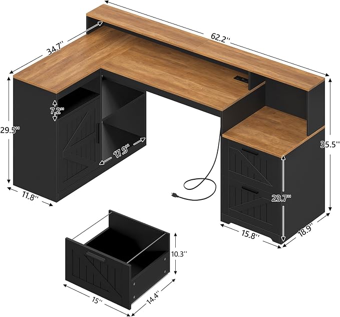TVU Farmhouse L Shaped Desk with Drawers, 62.2" Home Office Desk with Storage Shelves and Power Outlet, L Shaped Computer Desk with Monitor Stand and Printer Shelf, Brown and Black
