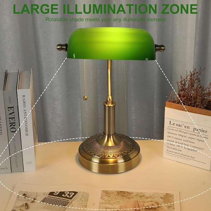 NISSAFORS Bankers Desk Lamp, Green Glass Shade, Vintage Desk Lamp with Pull Chain Switch, Retro Table Lamps for Home Office (Brass+Green, Middle)