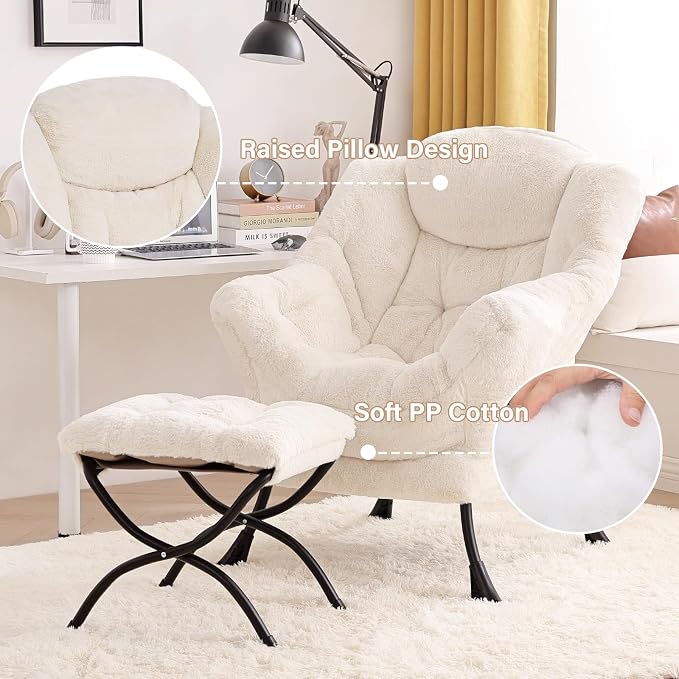 Tiita Lazy Chair with Ottoman, Beige Modern Large Accent Chair, Comfy Leisure Sofa Armchair with Ottoman, Reading Chair with Footrest for Bedroom, Living Room, Dorm Rooms, Plush Beige
