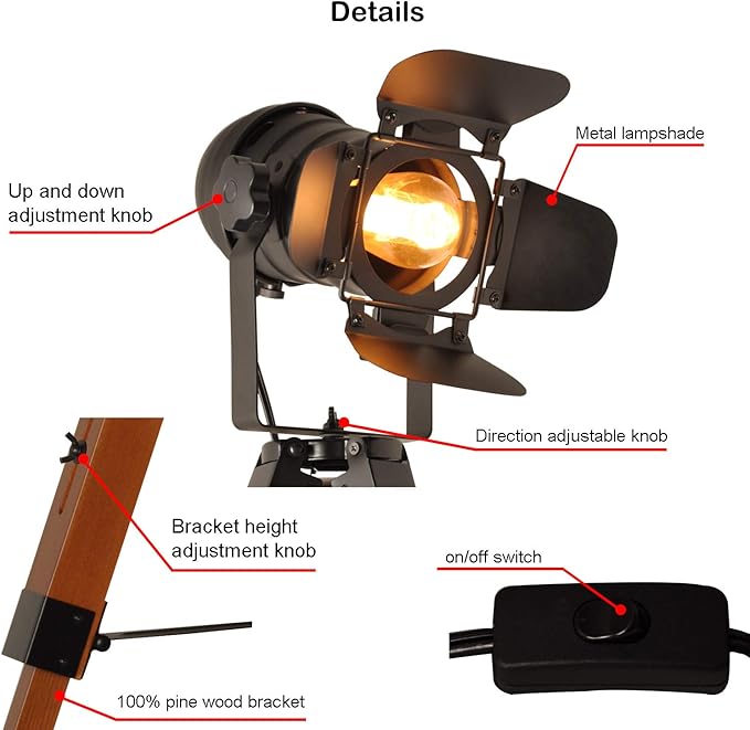 Decoluce Industrial Tripod Floor Table Lamp Vintage Wood Cinema Searchlight Standing Lighting Fixtures Nautical Spotlight Decorations-Not Include E26 Bulbs (Cinema)