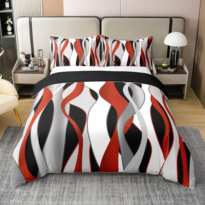 Erosebridal Red and Black 100% Cotton Duvet Cover Queen Red Geometric Striped Bedding Set for Kids Teens Adults Wave Lines Stripes Abstract Comforter Cover Minimalist Boho Modern Art Bed Set 3 Pcs