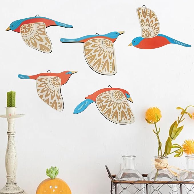 EMINGSKY 5 Pcs Wooden Bird Wall Art Wood Flying Birds Wall Decor Boho Rustic Folk Art Home Decor for Gift Living Room Bedroom Kitchen Office (Teal)