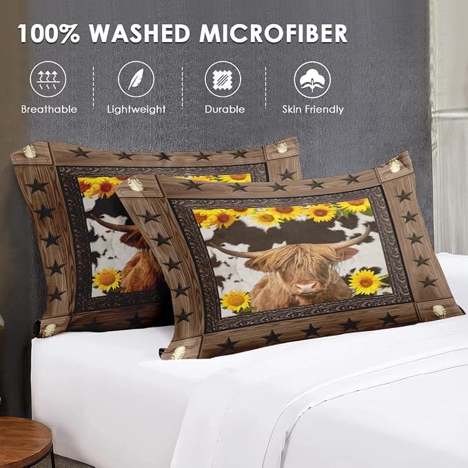 WeCozy 7 Pcs Queen Size Comforter Set with 2 Pillowcases & 2 Shams, Brown Highland Cow Sunflower Bedding for Kids and Adults, Bull Animal Farm Bed in a Bag with Flat Fitted Sheet