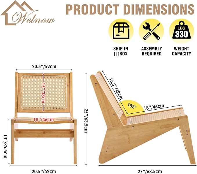 Welnow Mid Century Rattan Accent Chair, Bamboo Wood Lounge Chair with Woven Cane Backrest, Low Armchair for Living Room, Bedroom, Balcony or Reading Corner, Natural