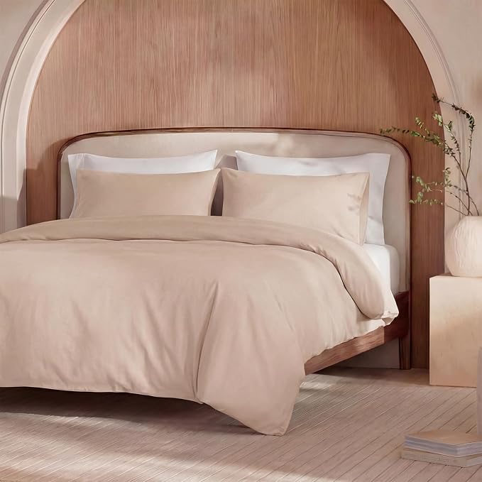 100% Washed Cotton Duvet Cover Queen Size – Sandy Beige, Linen-Like Texture, Super Soft & Breathable Bedding Set, 3-Piece Durable Percale Comforter Cover