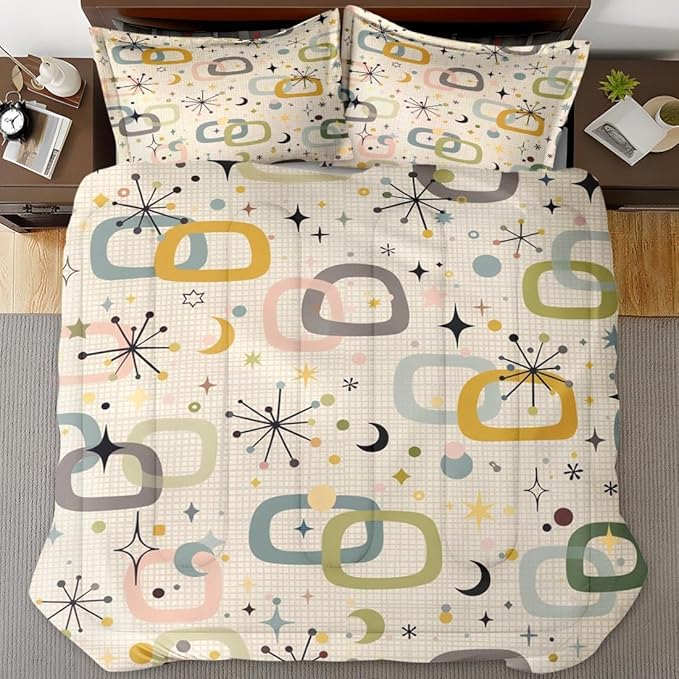 Retro Mid Century Diamond Queen Comforter Set, Atomic Starburst Modern Bedding Set 3 Piece, All Season Soft Children Adults Bedroom Bed Decoration Comforter and 2 Pillow Shams