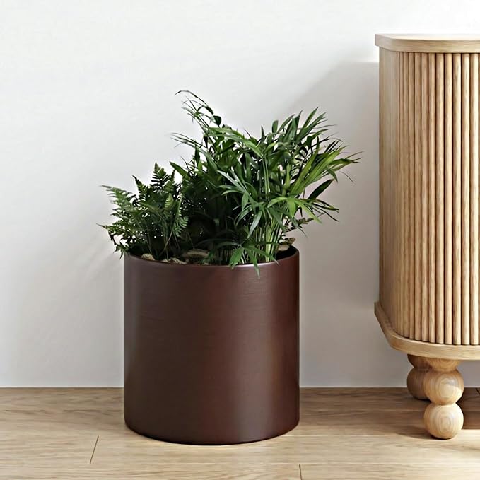 Coffee Metal Plant Pot with Drainage Hole,7 Inch Mid Century Modern Small Pot Indoor Outdoor Planters for Succulents, Flowers & Home Decor Gift Window Living Room Bedroom
