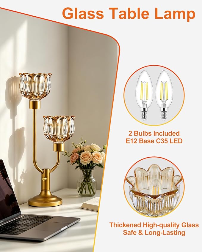 Lightdot Gold Table Lamp for Living Room Dimmable Mid Century Modern Flower Desk Lamp Amber Glass Vintage Nightstand Lamp 2 Bulbs Included Warmwhite Ambient Bedside Lamps for Bedroom Home Office Decor