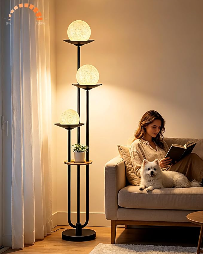 Lightdot Globe Floor Lamp with Shelf 3-Lights Modern Dimmable Floor Lamps for Wedding/Party, 3000K Warm White Bulbs Included, Black Tall Standing Lamp with Grey Shade for Living Room/Bedroom