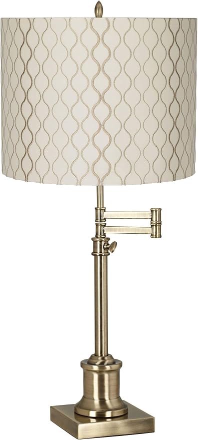360 Lighting Westbury Swing Arm Desk Table Lamp Adjustable 36" Tall Antique Brass Off White Embroidered Hourglass Fabric Drum Shade for Living Room Bedroom Bedside Nightstand Office