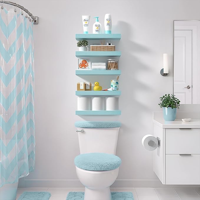 Sorbus Floating Shelves for Wall – 16 Inch Floating Shelf for Kitchen, Bedroom, Living Room, Bathroom, Home & Wall Decor - Mounted Bathroom Shelves with Invisible Brackets (Breezy Blue, 5 Pack)