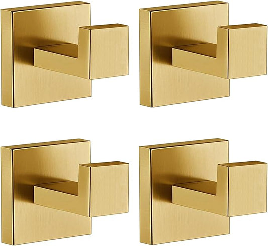 Towel Hooks for Bathrooms, Brushed Gold Towel Hook for Kitchen Bathroom, SUS304 Stainless Steel Coat Hook, Square Heavy Heavy Duty Robe Hooks for Hanging Towels,Coats,sponges,Wall Mount, 4 Pack
