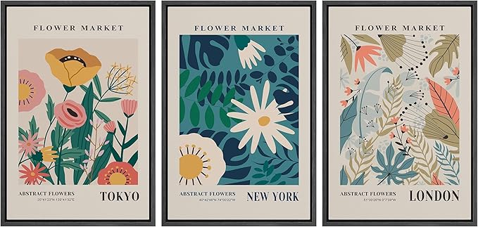 wall26 Framed Canvas Print Wall Art Set Colorful Flower Market Exhibition Prints Nature Wilderness Illustrations Modern Art Decorative Floral Botanical Minimal Calm for Bedroom - 16"x24"x3 Black