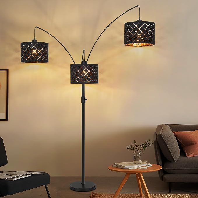 AHDWDW Dimmable Floor Lamp-3 Lights Arc Floor Lamps for Living Room,Modern Tall Standing Lamp with Black Drum Shades,Gothic Mid Century Tree Floor Lamp for Bedroom Corner,3x1000LM LED Bulbs Included