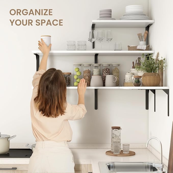 Fun Memories Floating Shelves for Wall, 12 Inch Deep Floating Shelves Set of 2, Wall Mounted Shelf with Metal Brackets, Rustic Wood Wide Shelf for Bathroom, Kitchen and Living Room, White, 55W x 12D