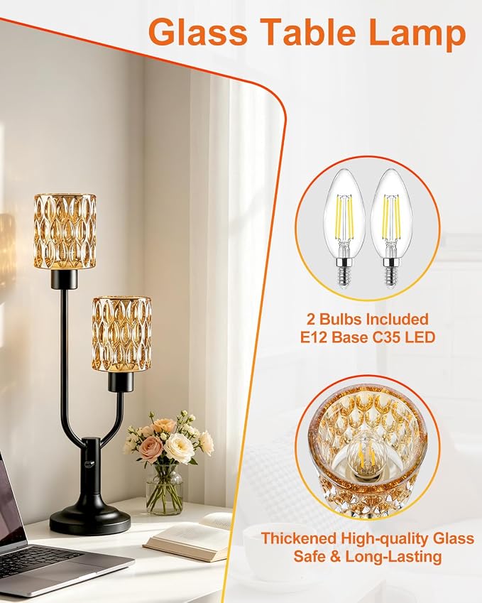 Lightdot Vintage Table Lamp for Bedroom Dimmable Nightstand Lamp Mid Century Modern Amber Glass Black Desk Lamp 2 Bulbs Included Warmwhite Ambient Bedside Lamps for Living Room Home Office Decor Gift