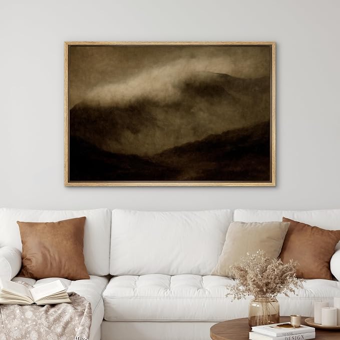 SIGNWIN Framed Canvas Print Wall Art Fog Rolling Over Mountains Moody Sepia Nature Illustrations Minimalism Decorative Boho Multicolor Retro for Living Room, Bedroom, Office - 16"x24" Natural