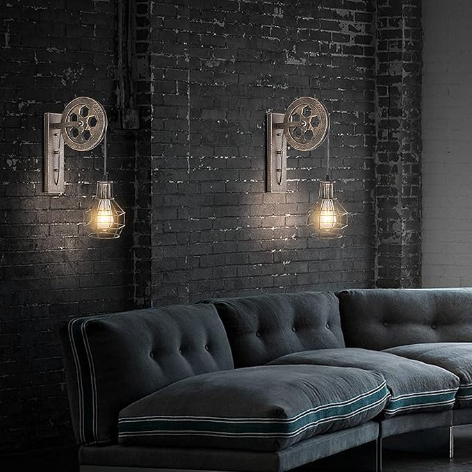 1 Light Fixture Industrial Mid Century Retro Iron Wall Lights Lift Pulley Wall Lamp Features The Matte Iron Cage Lamp Shade for Indoor Lighting Barn Restaurant(Bronze Color)