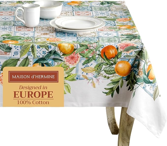 Maison d' Hermine Table Cloth Rectangle Table 100% Cotton 60 x 90 Inches Tablecloth Reusable Decorative for Dining Room Farmhouse Home Valentines Day Decorations Spring Summer - Agrume