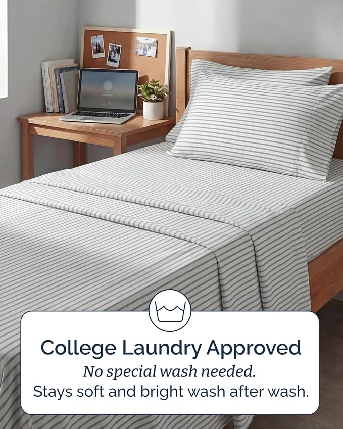 Extra Deep Twin XL Sheet Set - 4 Piece College Dorm Bed Sheets Set with Extra Deep Pockets - Ultra-Soft, Comfy & Breathable Bedding for Women, Men, Kids & Teens - Wrinkle & Fade Free - Grey Stripes 2