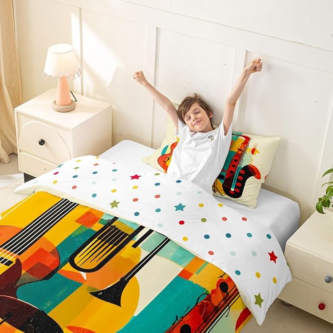 Erosebridal Retro Music Bedding Set Twin for Kids Adults - Abstract Musical Instrument Duvet Cover Mid Century Modern Jazz Comforter Cover,Trendy Geometric Square Bed Set