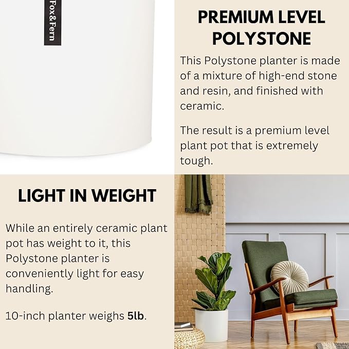 Fox & Fern Large Indoor Planter, Modern Large Plant Pot for Indoor or Outdoor, UV and Frost Resistant - 10 Inch, Polystone, Matte White Flower Pot with Drainage Plug