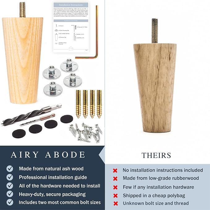Airy Abode Premium Ash Wood Furniture Legs (Full Install Kit) - Pick Your Size and Color