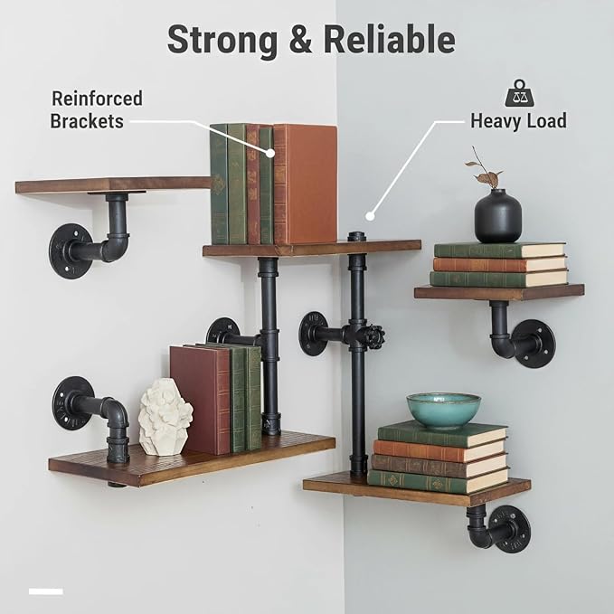 Industrial Rustic Modern Wood Ladder Pipe Wall Mounted Floating Shelves - Set of 3 Bookshelf,DIY Storage Shelving,Hung Bracket,Bookcase (Set of 3 Ladder Shelves)
