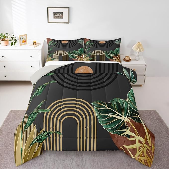 Erosebridal Mid Century Toddler Bedding Set Brown Black Boho Geometric Comforter Set Tropical Modern Palm Leaf Down Comforter for Kids Teens Abstract Bohemian Aesthetic Bed Set Bedroom Decor