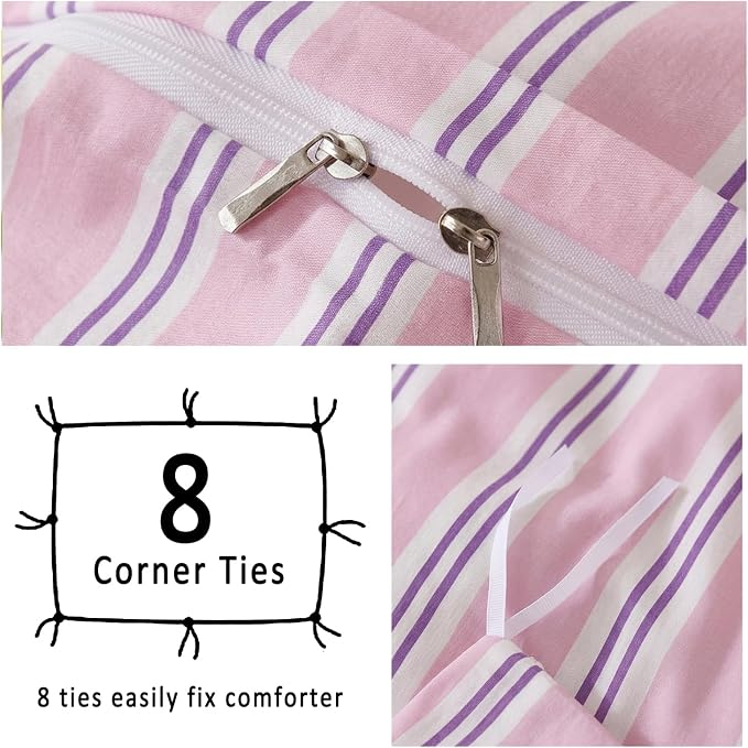 Merryword Striped Duvet Cover Set King Size - 100% Cotton Duvet Cover Set, Purple Ribbon Stripes Pattern Comforter Cover 3 Pieces, Soft Linen Like Bedding Set for All Seasons