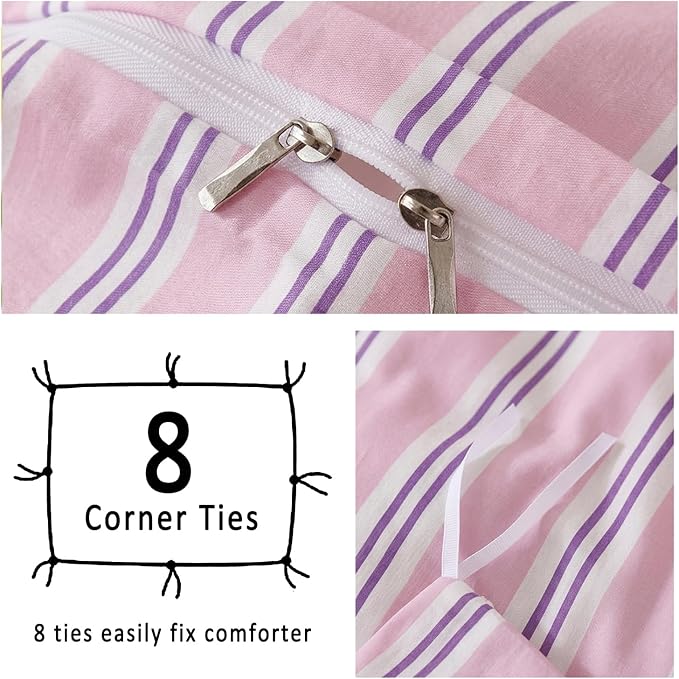 Merryword Striped Duvet Cover Set Queen Size - 100% Cotton Duvet Cover Set, Purple Ribbon Stripes Pattern Comforter Cover 3 Pieces, Soft Linen Like Bedding Set for All Seasons