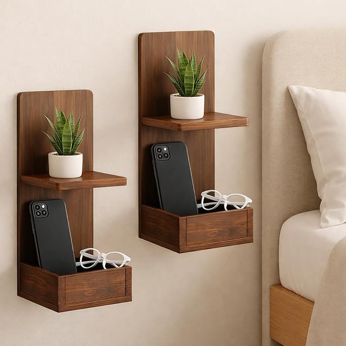 2-Tier Walnut Floating Wall Shelf, 20x8x6 Wall-Mounted Wooden Beside Shelf/Nightstand for Home Décor, Plants, Cosmetics, Bathroom, Kitchen, Bedroom Storage (Walnut with Box)