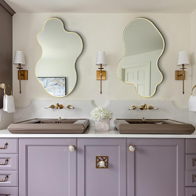 Irregular Mirror, 30"x18" Asymmetrical Mirror, Gold Metal Frame Abstract Wall Mirrors Decorative, Modern Odd Shaped Mirrors for Living Room Bathroom Bedroom Hallway Entryway Fireplace