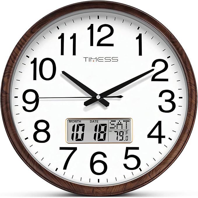 TIMESS Wall Clock, Classic Wood Style Finish, 16 Inch Non-Ticking Silent Battery Operated Quartz Analog with Perpetual Calendar and F° Temperature Display, Home, Office Décor (Wood Brown)