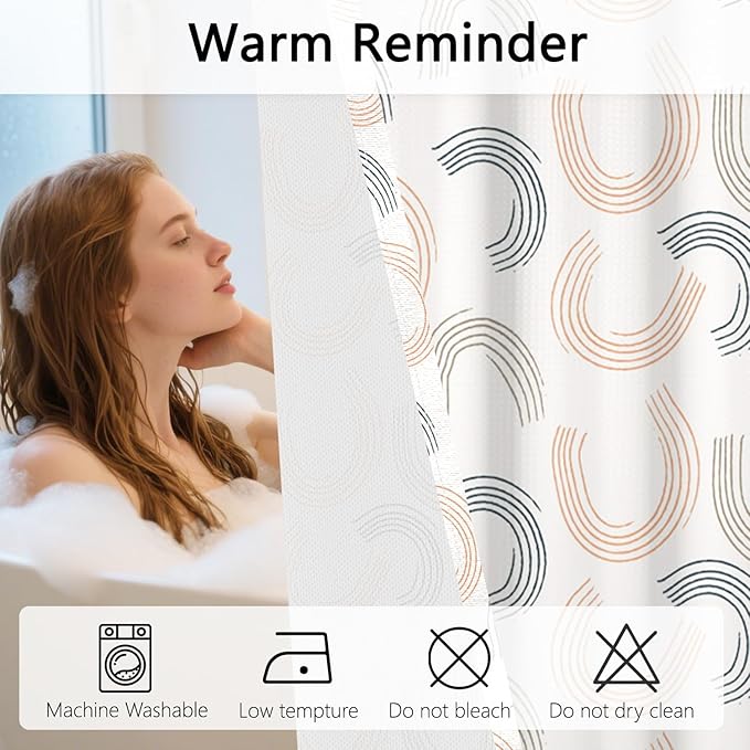 No Hook Shower Curtain with Snap in Fabric Liner Set - Modern Geometric Curve Design, Waterproof Double Layers with Beige & Blue Line for Bathroom Decor, See Through Top Window, 71x74 Inch
