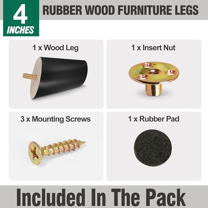 FoDau770 Black Rubber Wood Furniture Legs 4 Inches, 5/16" UNC Slant Tapered Wood Feet Mid Century Sofa Legs, Wooden Furniture Feet Replacement Parts for Cabinet Couch Dresser Chair Ottoman Table