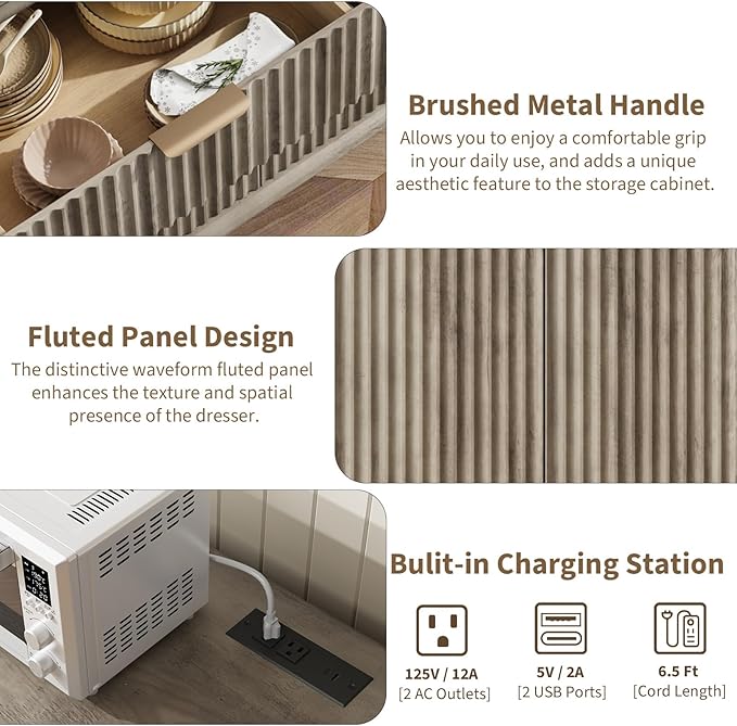 QUW Fluted Buffet Sideboard Cabinet with Storage, 47.2" Kitchen Cabinet with Drawers and Adjustable Shelves, Modern Coffee Bar with Charging Station, for Dining Room, Living Room, Grey