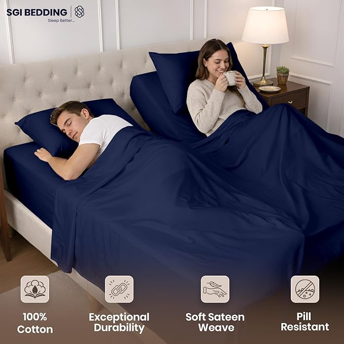 SGI Split King Sheet Set for Adjustable Bed Egyptian Premium Cotton 600 Thread Count Sheets for Sleep Number Bed 15" Deep Pocket 5 Pc Set with 2 Twin XL Fitted Sheets Soft Breathable -Navy Blue