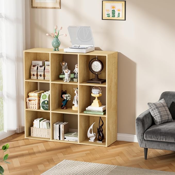 9 Cube Storage Organizer, Free Standing Display Shelf with Open Cubes, Floor Standing Book Shelf Bookcase with Storage for Home Office, Living Room, Bed Room (Oak, 9-Cube)