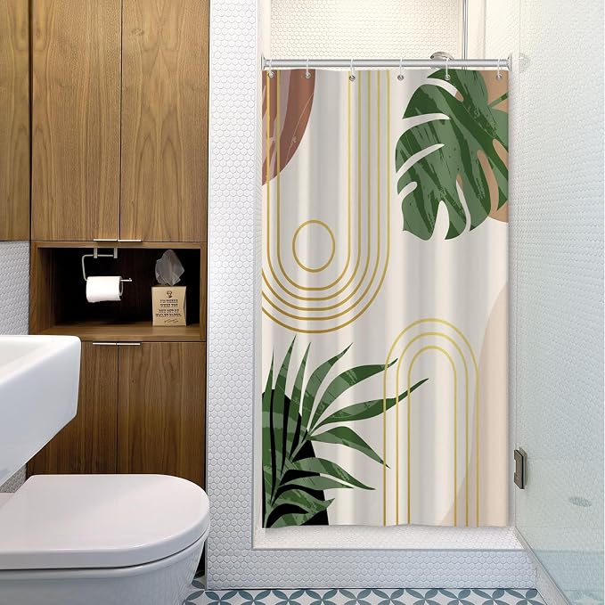 Boho Sage Green Shower Curtain Bohemian Mid Century Geometric Abstract Curve Bathroom Curtain Palm Leaf Polyester Shower Curtain Sets for Bathroom Extra Long 36x72 in with 6 Hooks