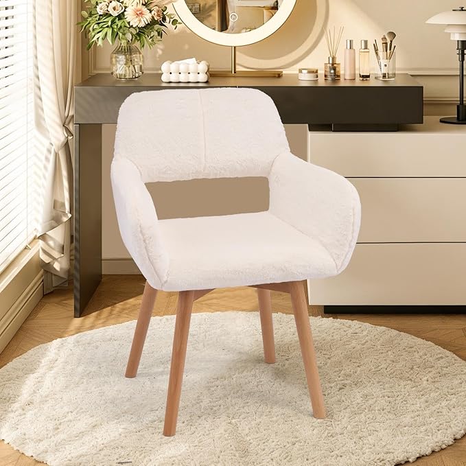 Desk Chair No Wheels Comfy Accent Chair for Living Room Bedroom Dining Home Office Vanity Chair Mid Century Modern Upholstered Armchair (Angora White, 1)