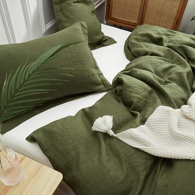 Simple&Opulence 100% Linen Duvet Cover Set, 3 PCS Natural French Flax Olive Green Duvet Cover Queen Size, Breathable Soft Comfy Linen Bedding Comforter Cover with 2 Pillowcases(Olive Green, 88"x92")
