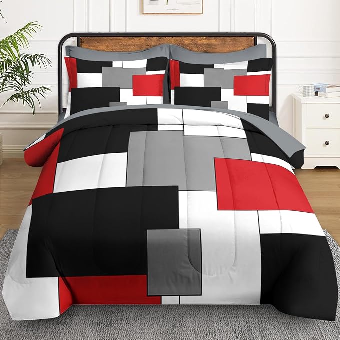 WeCozy 5 Pcs Twin Size Comforter Set with Pillowcase & Sham, Red and Black Geometric Bedding for Kids and Adults, Abstract Gray Bed in a Bag with Flat Fitted Sheet