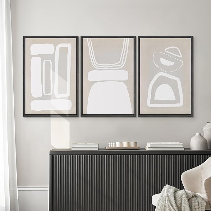 SIGNWIN Framed Canvas Print Wall Art Set Mid-Century Boho Geometric Polygons Abstract Shapes Cozy Neutral Modern Art Decorative Contemporary Minimal for Living Room, Bedroom, Office - 24"x36"x3 Black