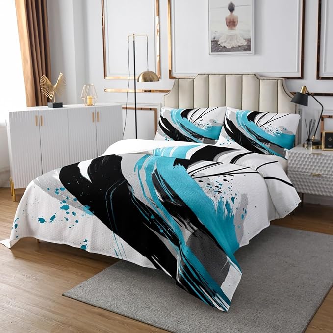 Erosebridal Black Blue Geometric Decorative Quilt Set Twin - Geometric Boho Abstract Coverlet Set Striped Bed Sets for Boys Adults Girls Minimalists Graffiti Aesthetic Lines Bedding Sets