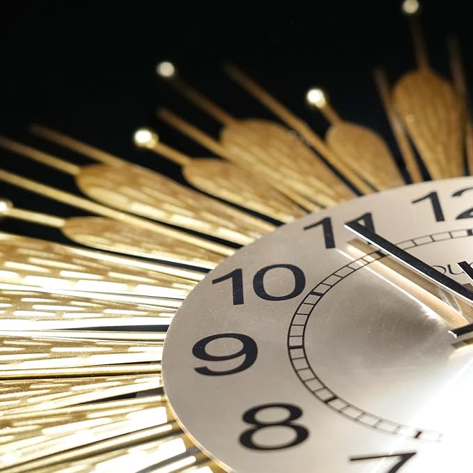 Gold Wall Clock 23 Inch Sunburst，Mid Century Decorative Wall Clocks Battery Operated Sunburst Large Modern Handmade Home Art Decor for Living Room， Corridor, Staircase, Kitchen & Thoughtful Gift