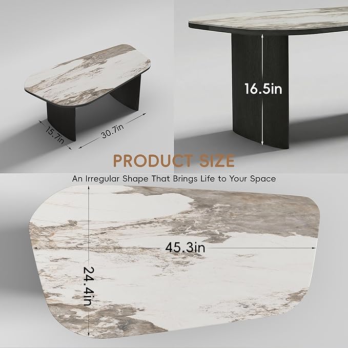 Luxury Marble Coffee Table, Premium Sintered Stone Top, Natural Wood Look Base, Modern Design Stone Cocktail Table, Marble Top Coffee Table for Living Room, Sculptural Contemporary Center Table