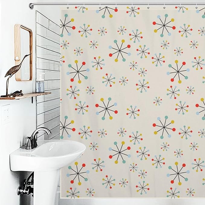 Mid Century Shower Curtain Beige Atomic Space Age Abstract Repeating Pattern Duty Fabric Shower Curtains Set Bathroom Polyester Waterproof with 12 Hooks,72x72Inch（183x183cm）