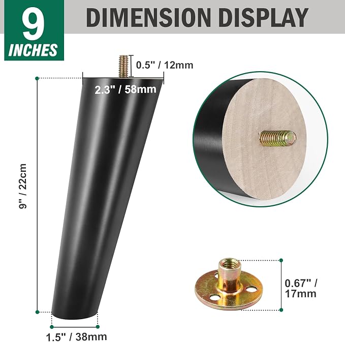 FoDau770 Black Rubber Wood Furniture Legs 9 Inches, 5/16" UNC Slant Tapered Wood Feet Mid Century Sofa Legs, Wooden Furniture Feet Replacement Parts for Cabinet Couch Dresser Chair Ottoman Table